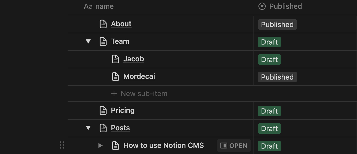 NotionCMS leverages nested database items so you can build collections.